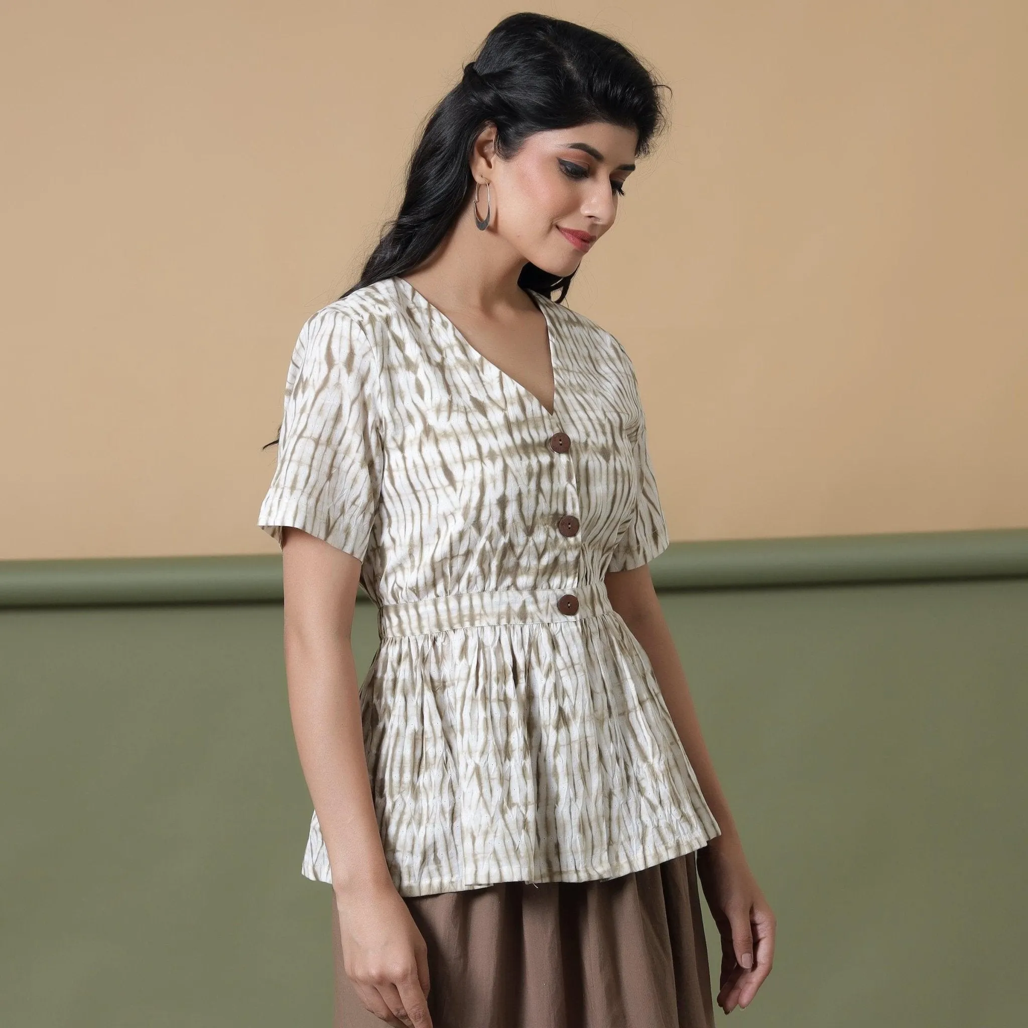 Taupe Shibori Tie-Dye Cotton Elasticated Peplum Top