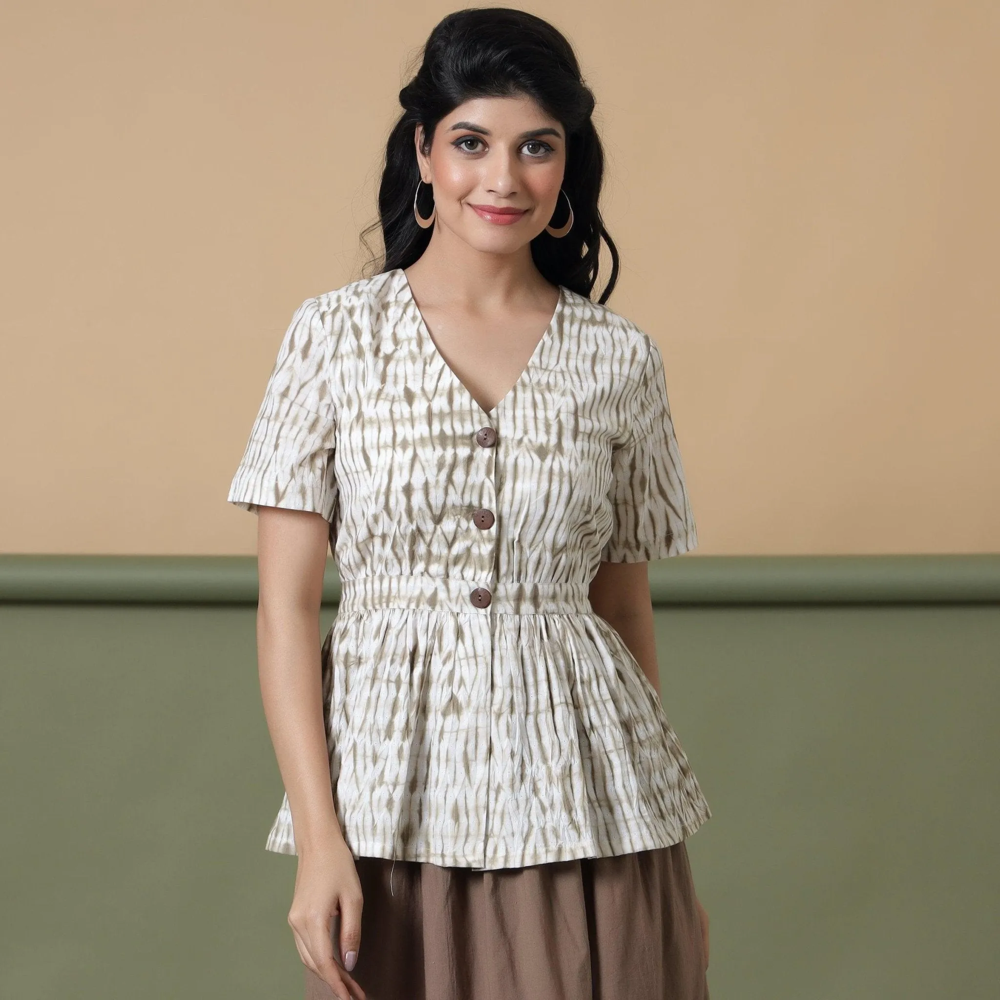 Taupe Shibori Tie-Dye Cotton Elasticated Peplum Top