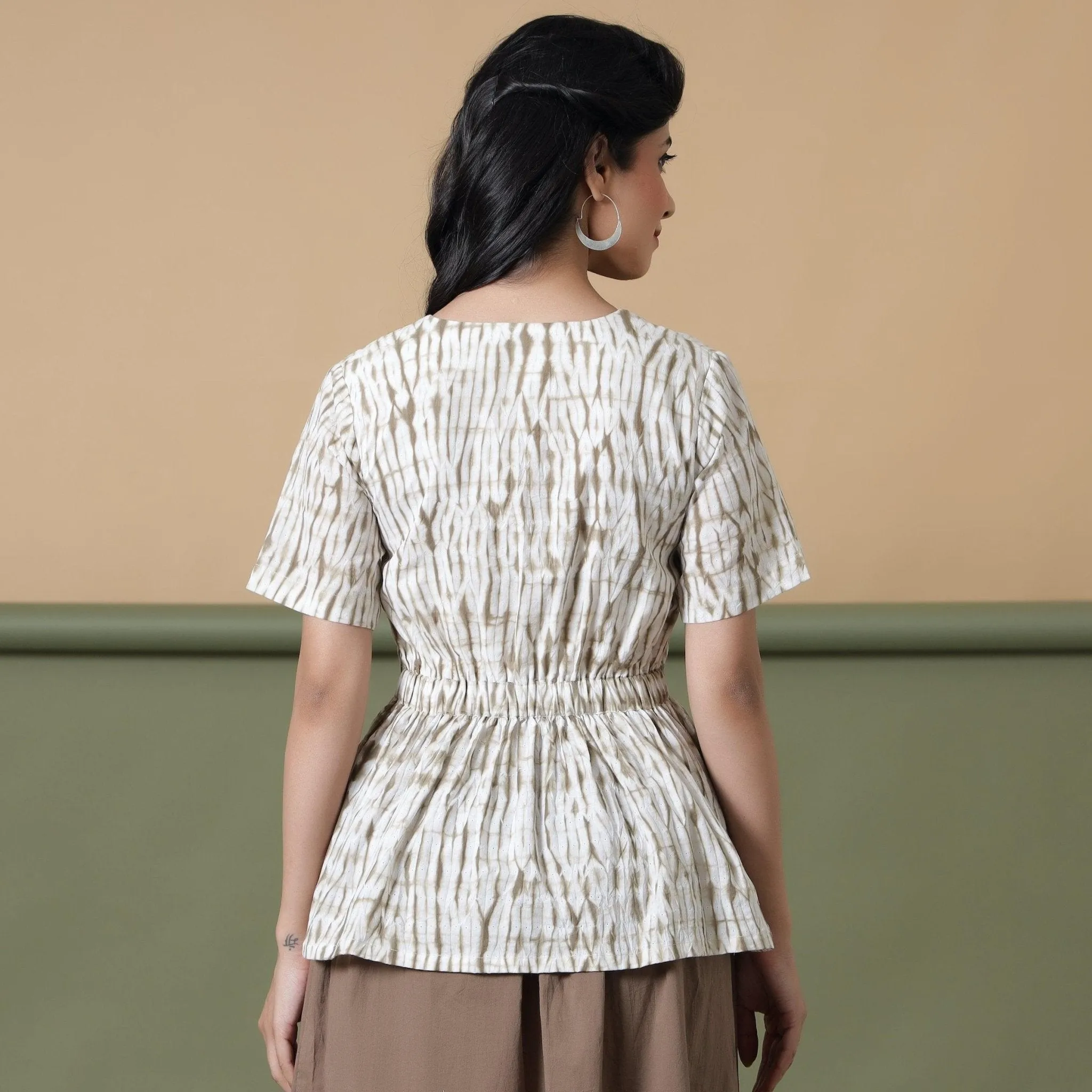 Taupe Shibori Tie-Dye Cotton Elasticated Peplum Top