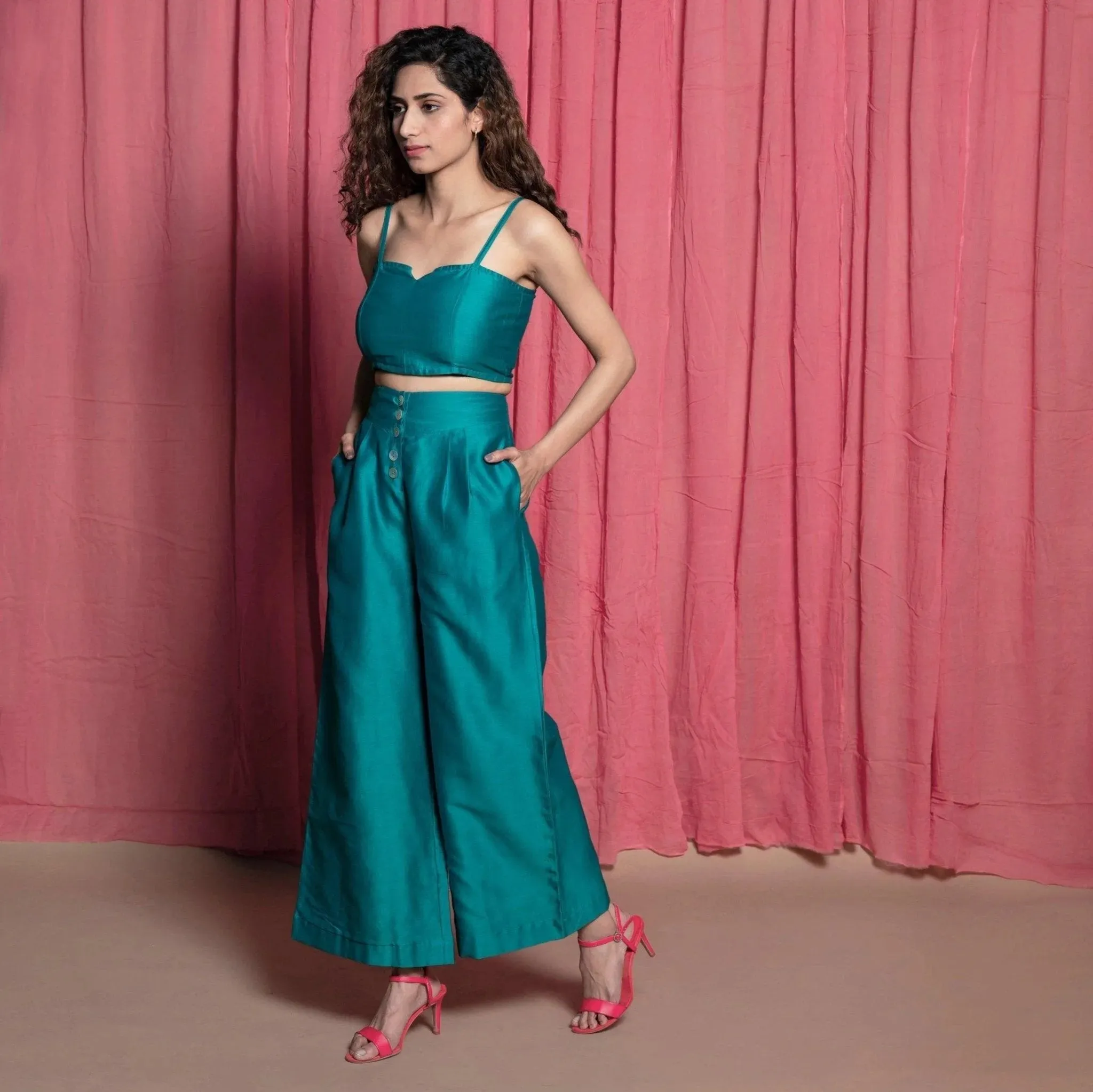 Teal 100% Cotton Chanderi Split Neck Crop Top