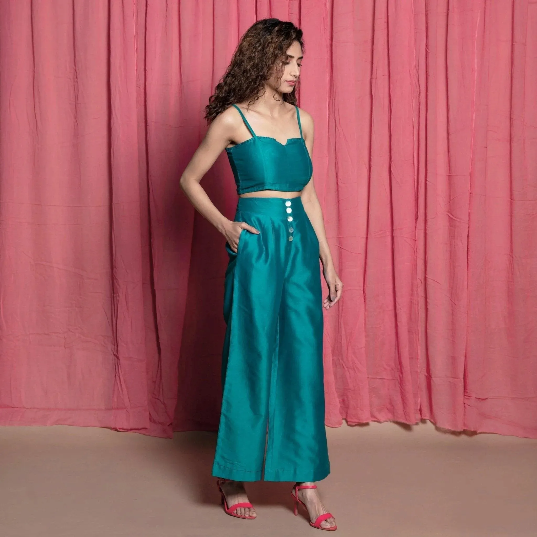 Teal 100% Cotton Chanderi Split Neck Crop Top