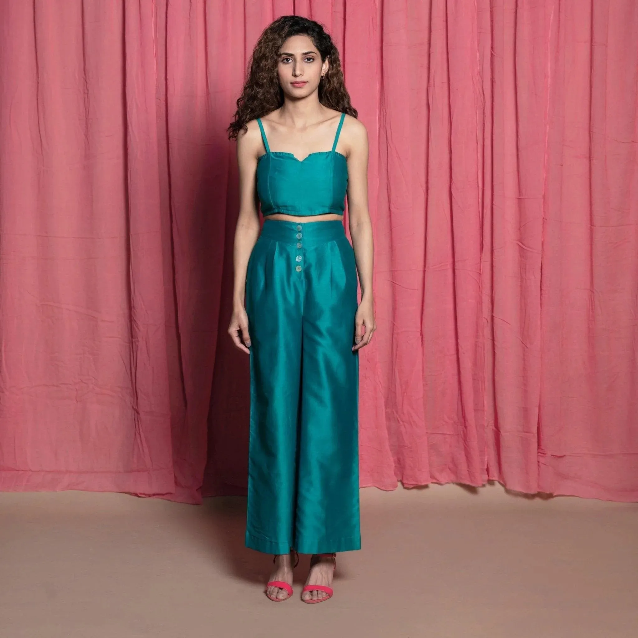 Teal 100% Cotton Chanderi Split Neck Crop Top