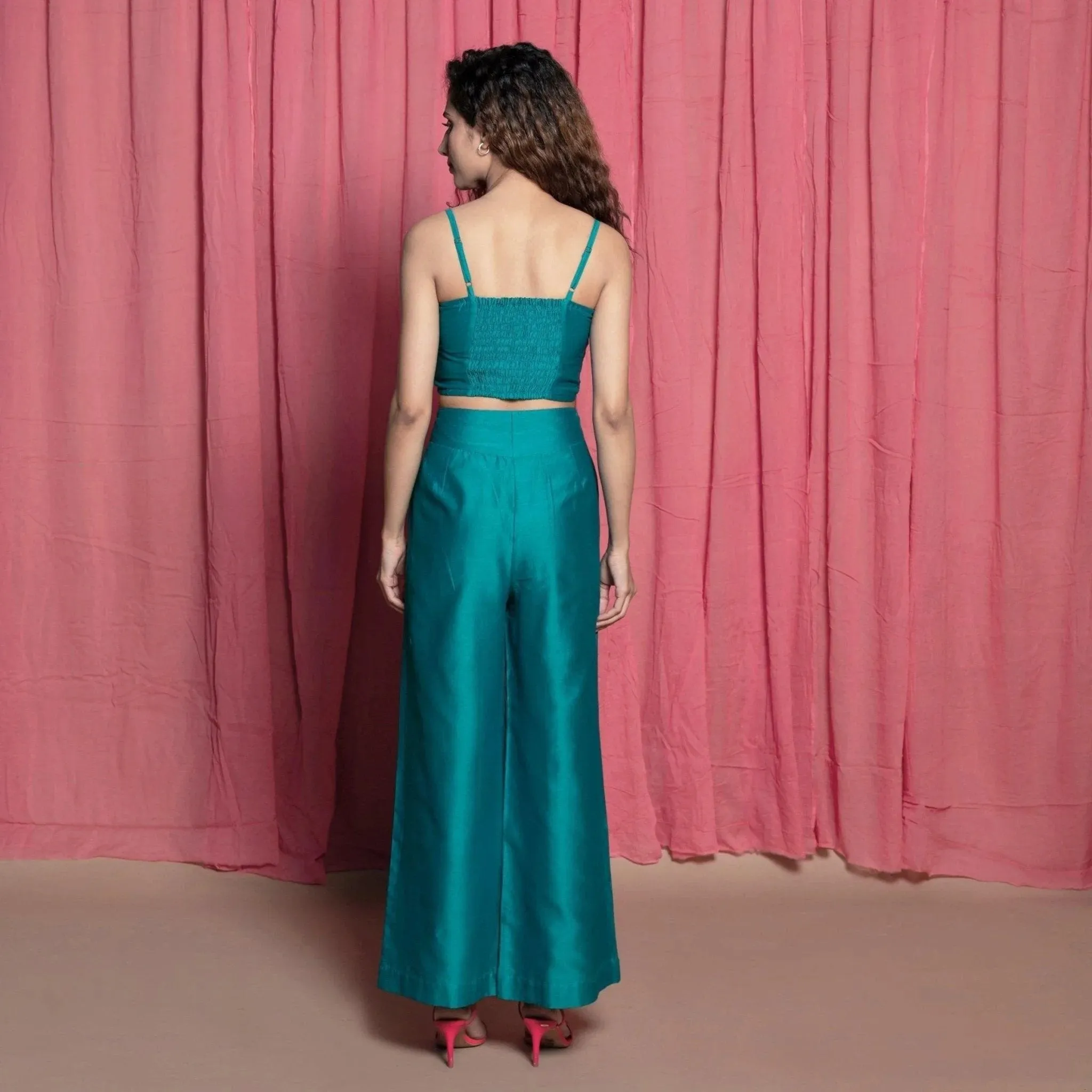 Teal 100% Cotton Chanderi Split Neck Crop Top