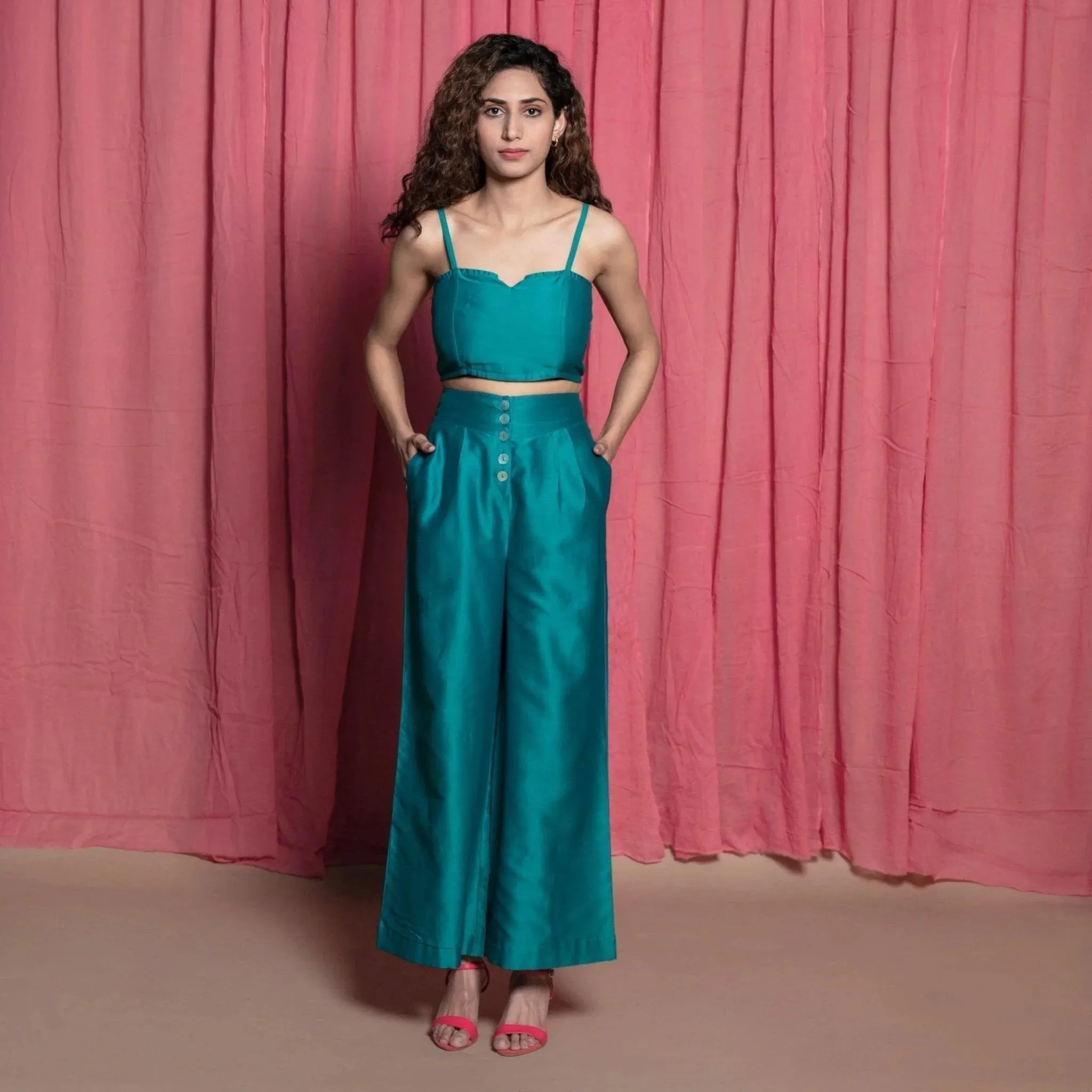 Teal 100% Cotton Chanderi Split Neck Crop Top
