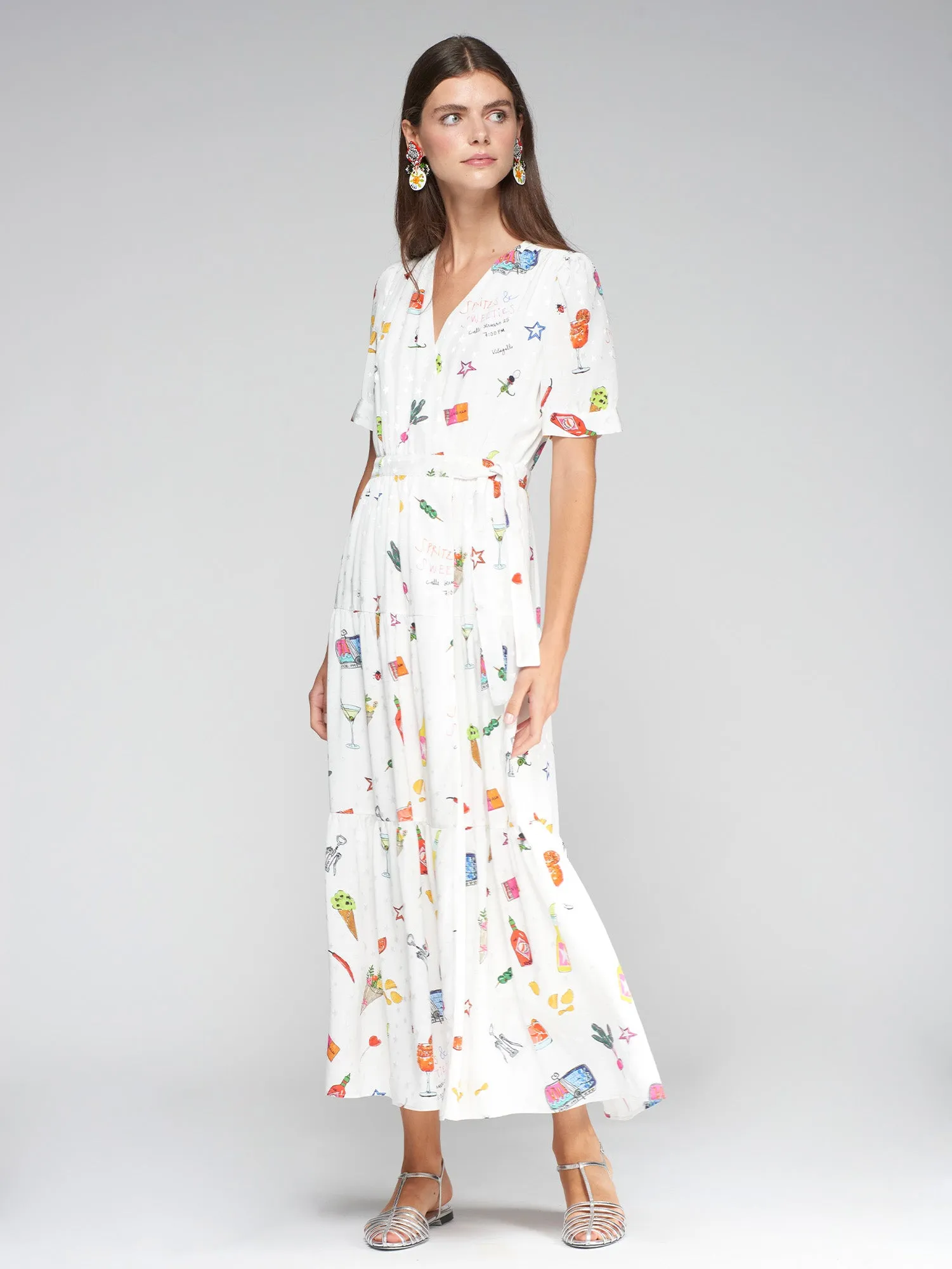 Vilagallo White Summer Fun Print Belted Maxi Dress