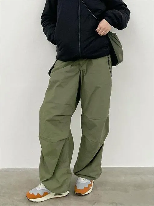 Wenkouban-Green oversize parachute cargo pants with drawstring- Streetwear y2k outfits Fall Outfits Christmas Thanksgiving Gift New Year's Eve