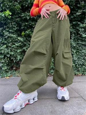 Wenkouban-Green oversize parachute cargo pants with drawstring- Streetwear y2k outfits Fall Outfits Christmas Thanksgiving Gift New Year's Eve