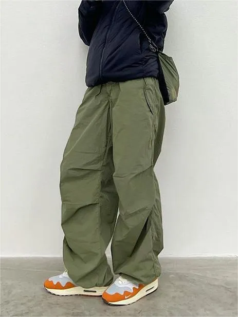 Wenkouban-Green oversize parachute cargo pants with drawstring- Streetwear y2k outfits Fall Outfits Christmas Thanksgiving Gift New Year's Eve