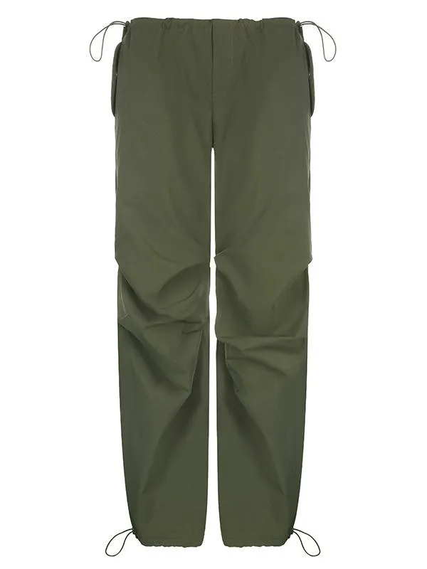 Wenkouban-Green oversize parachute cargo pants with drawstring- Streetwear y2k outfits Fall Outfits Christmas Thanksgiving Gift New Year's Eve