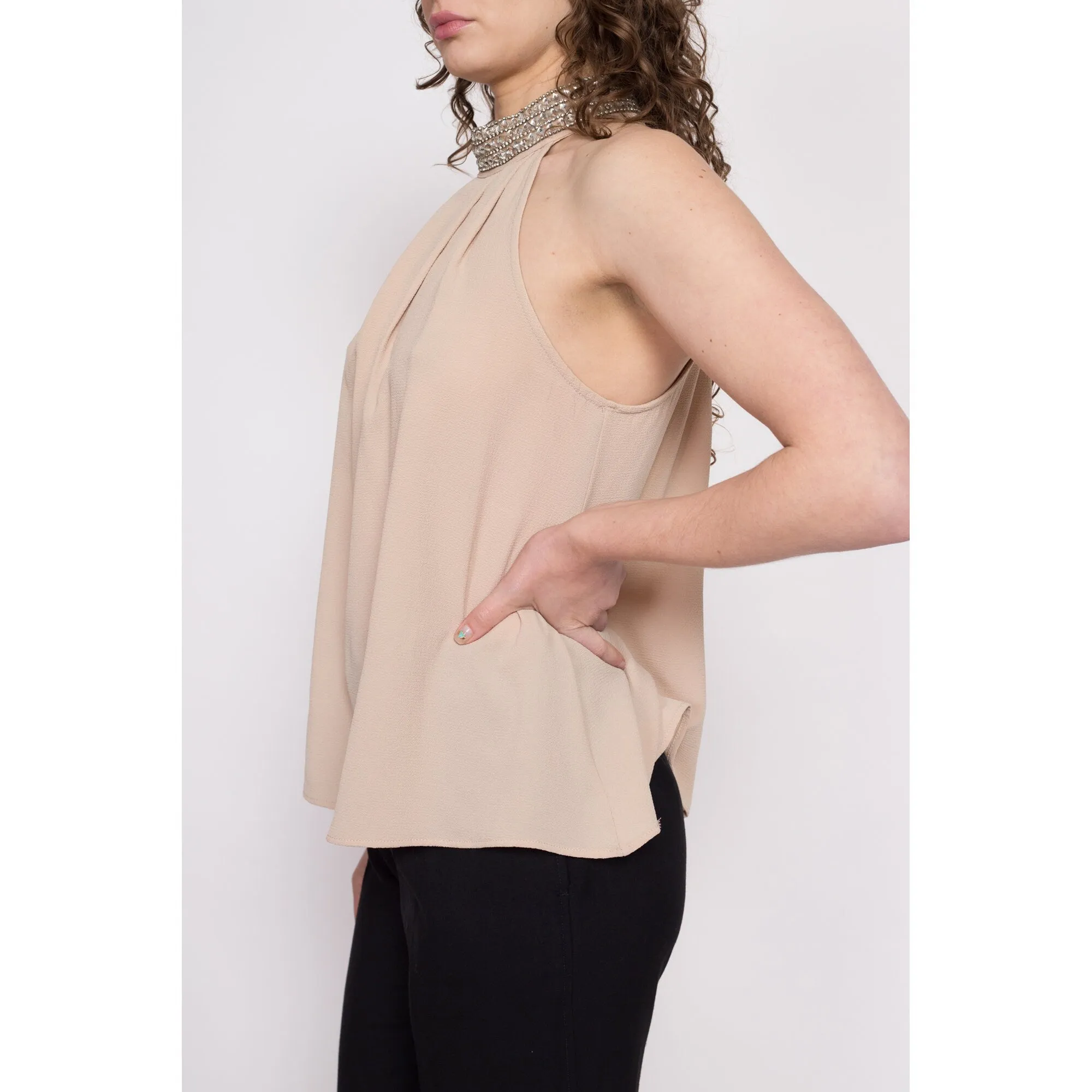Y2K Nude Jeweled Neck Racerback Top - Small