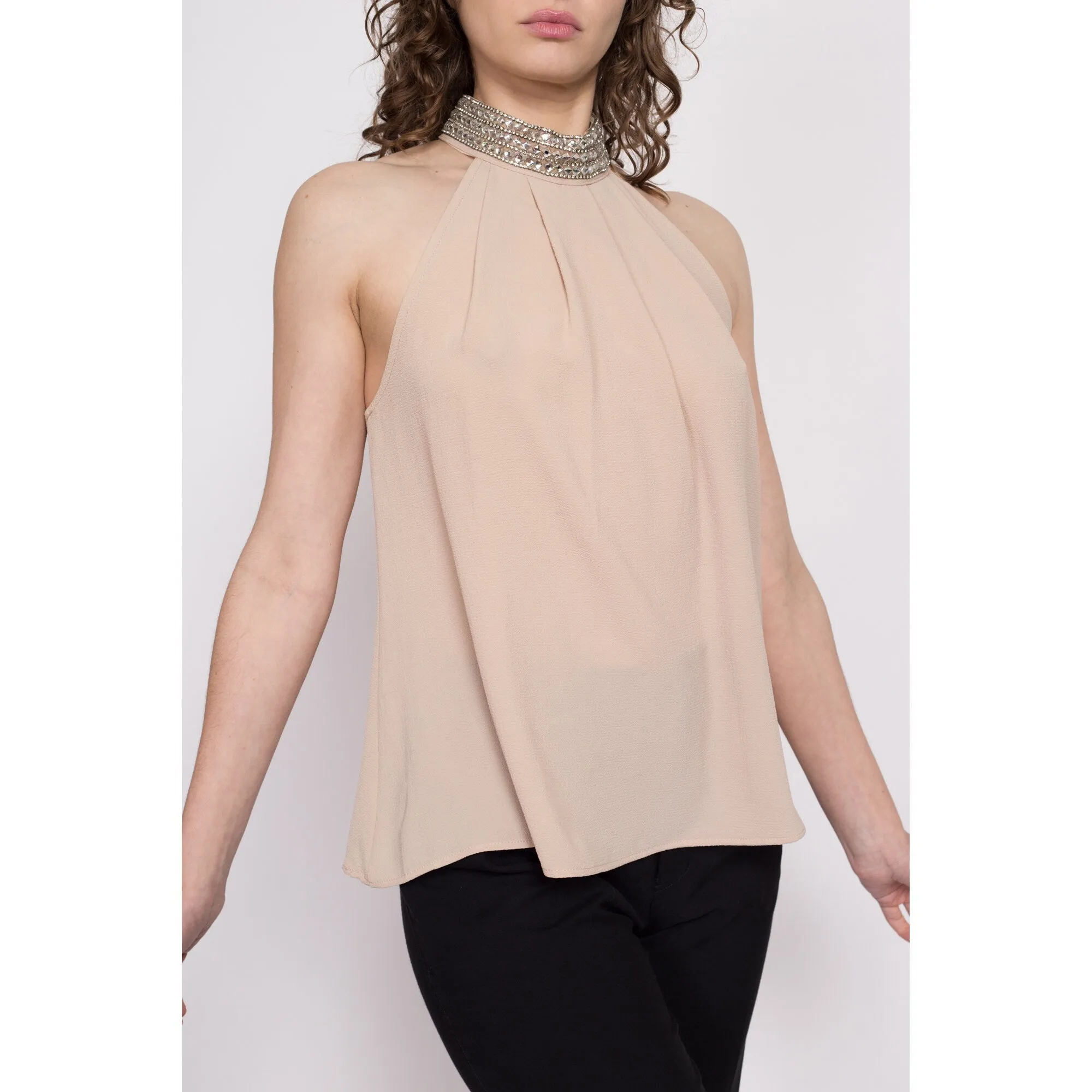 Y2K Nude Jeweled Neck Racerback Top - Small