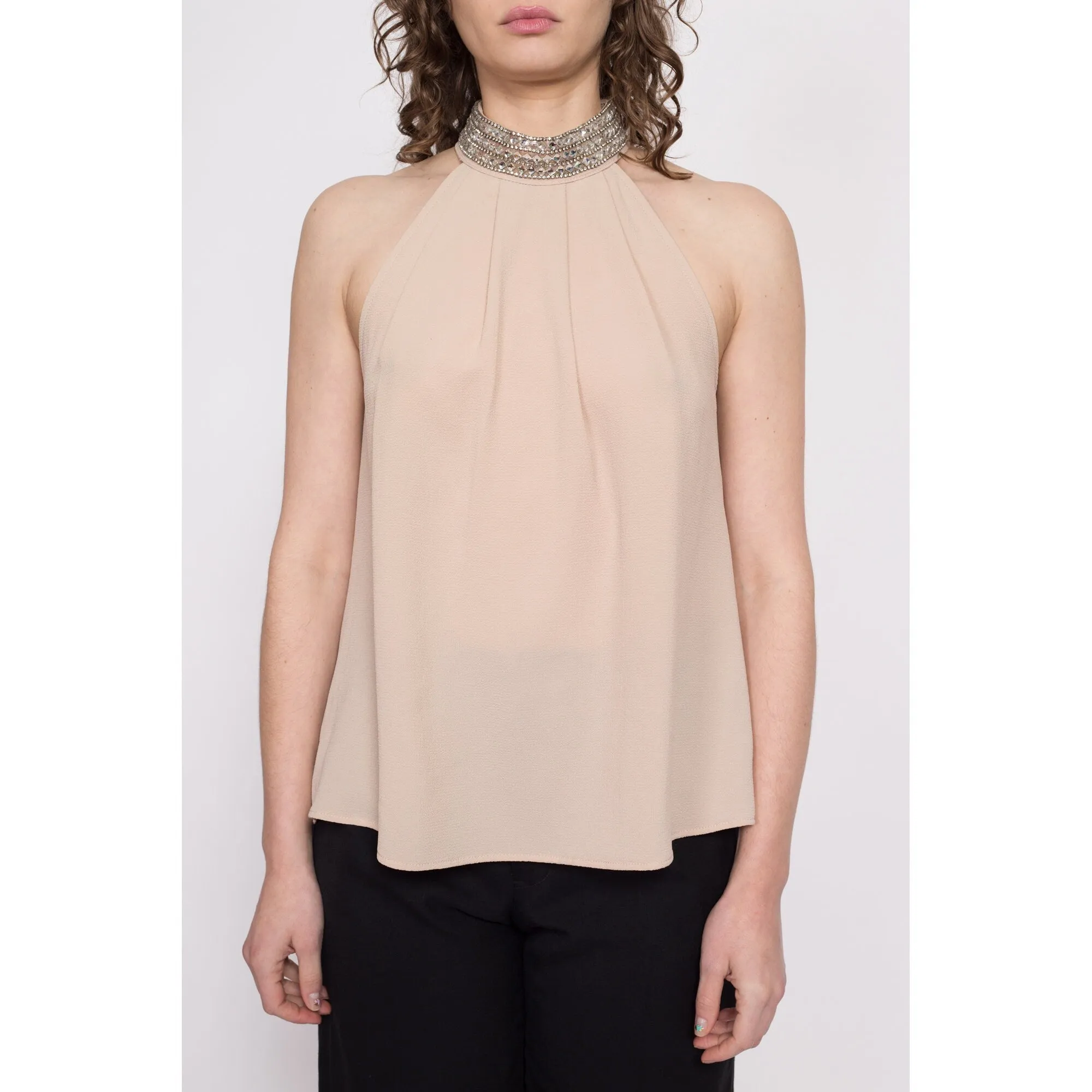 Y2K Nude Jeweled Neck Racerback Top - Small