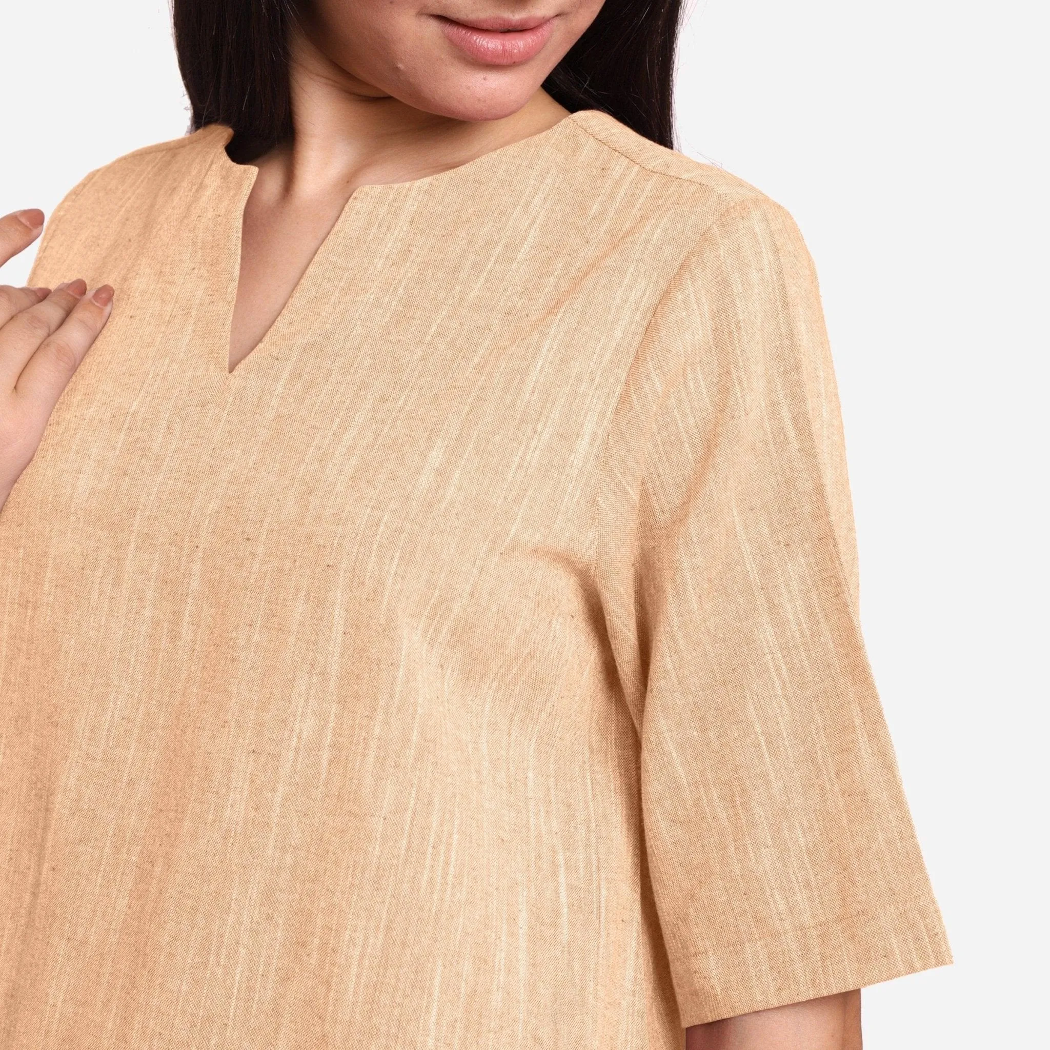 Yellow 100% Cotton Split Neck High-Low Tunic