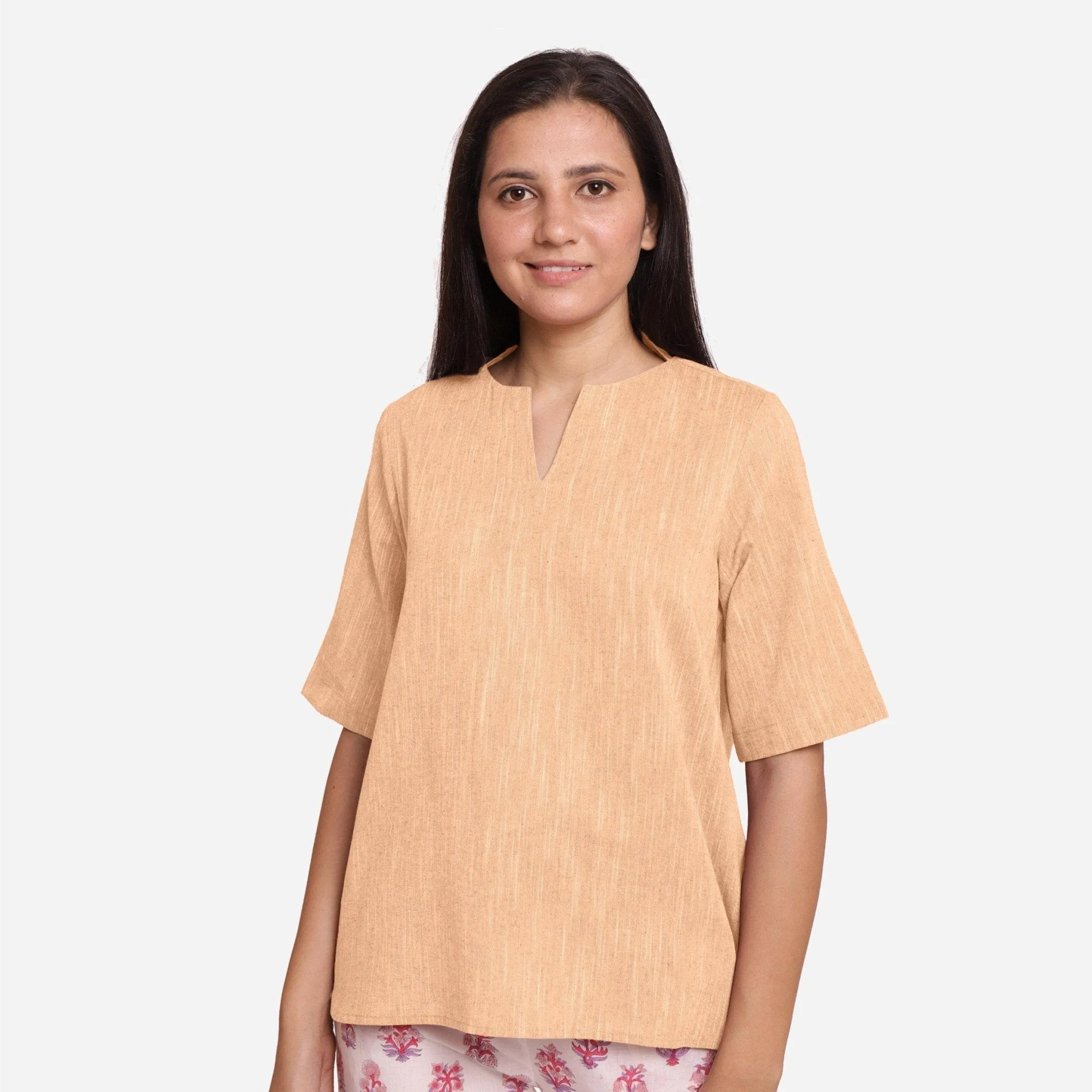 Yellow 100% Cotton Split Neck High-Low Tunic